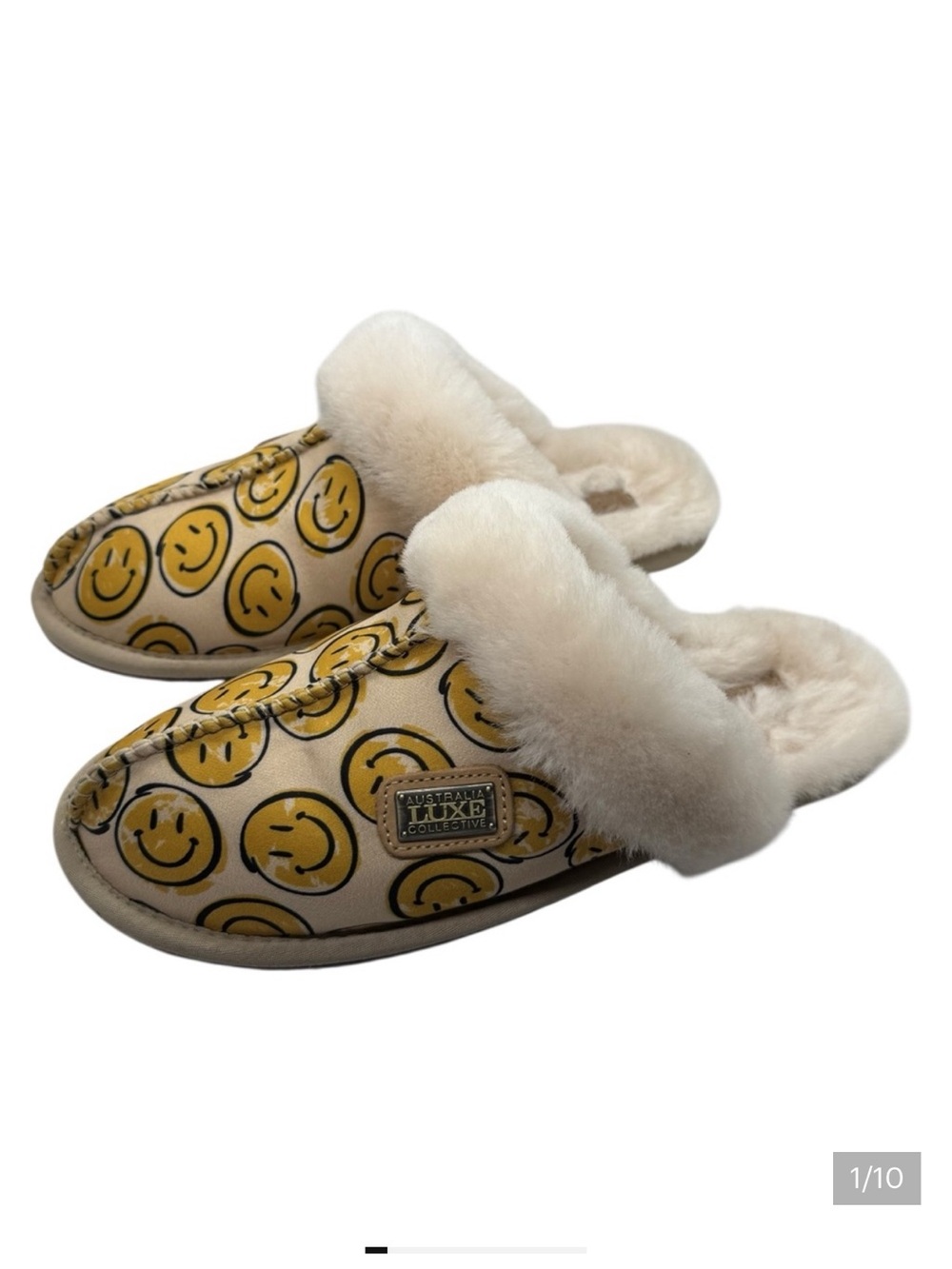 Australia Luxe Collective Sheep Fur Happy Face Closed Toe Mule Leather Slippers